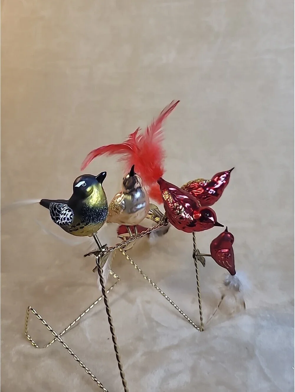 5 Vintage Mercury Glass Clip on Bird Christmas Ornaments Feathers & Spun Tails